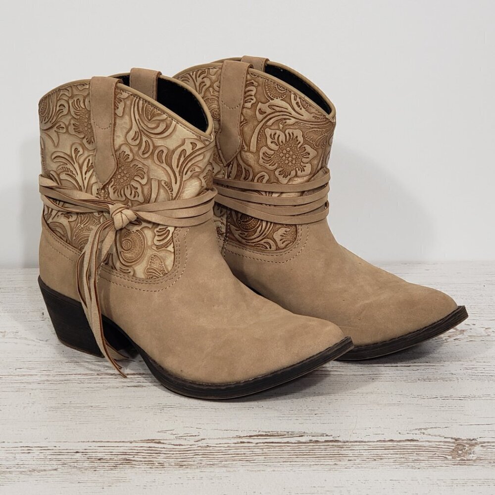Dingo Faux Tan Embossed Leather Cowboy Bootie Boots Women's Size 6.5 - Picture 2 of 9